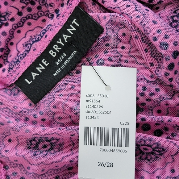 Lane Bryant Pink Geo Print Babydoll Mesh Cap Sleeve V-Neck Top Sz 26/28 NEW - Picture 8 of 11